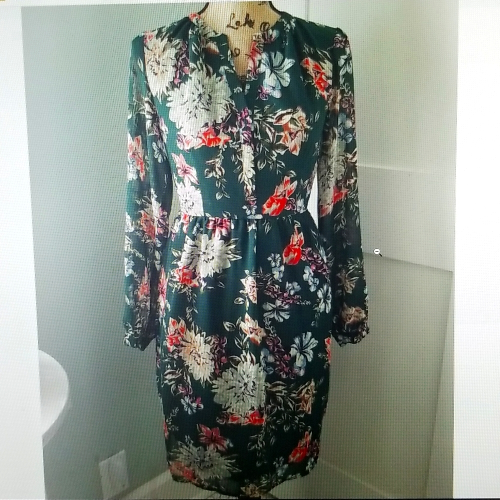A New Day Green Floral Long Sleeved Dress with Buttoned Top XS